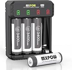 Rechargeable AA Batteries 4 Pack with Charger, 3400mWh High Power Lithium,1.5V Rechargeable Li-ion Batteries AA 1400+ Cycles (LCD Charger+4Pack-3400mWh)