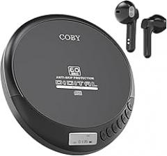 Coby CD Player Portable with Bluetooth & Wireless Earbuds, Wired Earbuds, FM Radio, AUX, MP3 Anti-Skip CD Player for Home, Car, Rechargeable Ear Buds, Lightweight