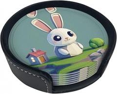 Electronic Rabbit Coasters 6 Pcs PU Leather Cup Mats with Holder Style Protect Furniture from Water Marks Scratch and Damage (3.9 Inches)