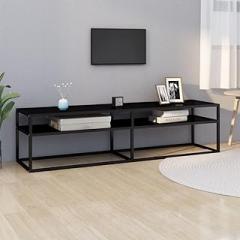 Modern Black TV Cabinet with Tempered Glass Shelves and Powder-Coated Steel Frame, Spacious Rectangular Media Console for Multimedia Devices and Electronics Storage, Durable