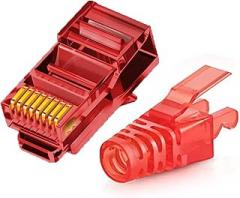50pcs RJ45 Cat6 Straight connectors and 50pcs Strain Relief Sleeves, EZ Crimp Modular Plugs(Red)