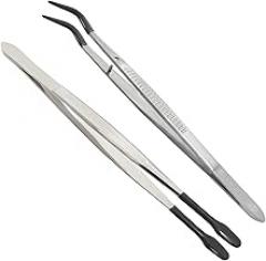 2PCS Rubber Tipped Tweezers,PVC Coated Precision Tweezers Hobby Craft Tweezers Set,Long Bent and Straight Flat Tip Tweezers for Crafts Stamps Coin Beads Jewelry Industrial Electronic Lab(Black)