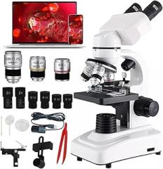 Binocular Compound Microscope 40X-2400X, Research Grade Professional Microscope with Dual LED lighting&Coaxial Coarse/Fine Focus Knobs, Built-in Electronic Eyepieces&Mobile phone holder ,White