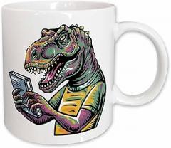 3dRose Funny Cool T-rex Dinosaur Reading with electronic reader Book Graffiti 11oz Mug