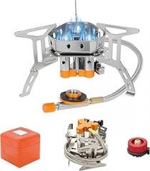 Portable Folding Gas Stove 3 Min Fast Boil, Electronic Ignition Triple Burner with Red Adapter for Outdoor Camping Cookware (Single three-core burner + conversion head (red))