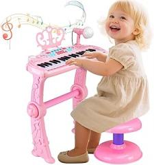 37 Key Kids Piano Keyboard Toy with Stool, Pink Toddler Piano Toy, Electronic Musical Instrument Keyboard Toys, Girls' Birthday Gift for Ages 3-7