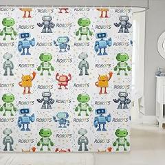 Cartoon Robots Kids Shower Curtains,Geometric Dots Abstract Modern Bathroom Curtain for Girls Boys,Watercolor Robot Electronic Cute Fashion Waterproof Curtains,12 Hooks Suits,72