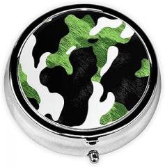 Green White Black Cowhide Pattern Round Pill Case, Portable Pill Box for Pocket Metal Medicine Vitamin Organizer 3 Compartment Three Times A Day