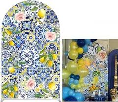 KONPON Patchwork Tile Arched Backdrop Covers for Porcelain Parties Decorations Mediterranean Lemon Arch Stand Cover Birthday Banquet Display Props