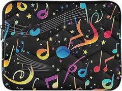 Laptop Sleeve Colorful Musical Notes Stars Black Protective Case with Zipper Portable Electronic Device Cover, 15-15.6 Inch