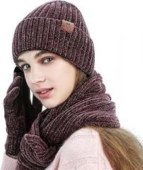LumiSyne Winter 3 in 1 Scarf Hat Glove Set for Men Women Knitted Beanie Hat Jacquard Solid Color Scarf Touch Screen Gloves