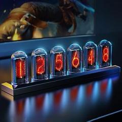MOSHOU Nixie Tube Clock, Creative Electronic RGB Lighting Tube Clock 5 IPS Color Screen Digital Tube Clock, Customized Electronic Album, Desktop Digital Clock