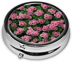 Pink Geraniums Tiny Flowers Pattern Round Pill Case, Portable Pill Box for Pocket Metal Medicine Vitamin Organizer 3 Compartment Three Times A Day