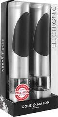 Cole & Mason Richmond Electronic Salt & Pepper Mill Gift Set - One-Button Electric Spice Grinder with Large Grinding Chamber - Requires 6 AAA Batteries - Hand Wash Kitchen Tool - Stainless Steel