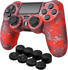 TNP Controller Skin for PS4 - Silicone Protector Case Compatible With PlayStation 4 Slim, Pro - Camo Mosaic Red Cover With Thumb Grip Caps