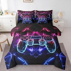 Gamer Reversible Comforter Set 7 Piece King Size,3D Gamepad Neon Light Geometric Bed Sheet Set Video Game Controller Gaming Lover Bedding Set with Comforter,Fitted & Flat Sheet