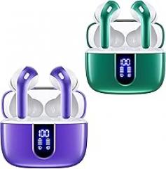 TAGRY 2 Sets X08 Forest Green and Phantom Purple Bluetooth Headphones True Wireless Earbuds 60H Playback Ear Buds with Wireless Charging Case in-Ear Earbuds with Mic