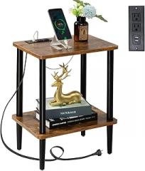FORAOFUR End Table with Charging Station, Modern End Tables Living Room, Nightstand with 2-Layer Storage Shelves for Small Spaces, Living Room, Bedroom, Sofa End Table Rustic Brown