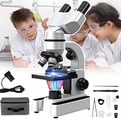 Compound Binocular Microscopes 40x-1600x with Electronic Eyepiece,for Kids Students Adults, Microscope Accessories,7-Color Led Lighting and 360° Rotation, for School Laboratory,White