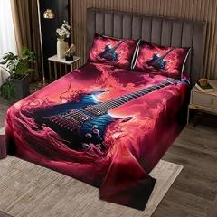 Electronic Guitar Lightweight Quilt Set for Kids Teens,Blue Guitar Bedspread Coverlet,Rock Music Bed Cover Red Clouds queen quilt Decorative Quilted 2 Piece Coverlet Set with 1 Pillow Sham,Twin Size