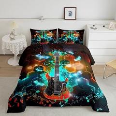 Erosebridal Guitar Comforter Electric Guitar Musical Instruments Full Size Bedding Sets, Tie-Dye Hexagonal Honeycomb Print Bed Comforter Set for Music Enthusiast Adults Gift Bedroom Collection