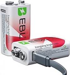 EBL Rechargeable 9V Batteries, 5400mWh USB 9V Lithium Rechargeable Battery (9V Batteries- 2 Pack)