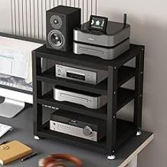 Movable AV Media Stand with Wooden Shelf – Portable Desktop Stereo Rack for Video, Audio Components, Corner Cabinet Storage for Computer Desk