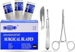Dermaplaning Cleaning Kit - 100 Scalpel Blades No.21 with Metal Scalpel Handle No.4, and Hemostat Blade Removal – Sterile & Individually Foil Wrapped – Suitable for Dermaplaning and More