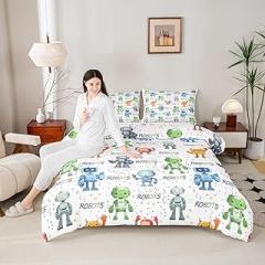 Cartoon Robots Kids Comforter Set Twin Size,Geometric Dots Abstract Modern Bedding Set,Girls Boys Room Decor,Watercolor Robot Electronic Quilt Comforter,Cute Fashion Duvet Insert,1 Pillowcase