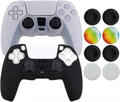 Hikfly Silicone Skin Compatible with PS5 Controller Cover Sony PlayStation5 Controller Grip Skin Protector Faceplates Kits Video Games(Pack 2pcs with 8 x Thumb Grips Caps)