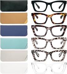 REAVEE 6 Pack Oprah Style Reading Glasses for Women Blue Light Blocking, Cute Square Computer Readers with Spring Hinge