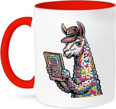 3dRose, Funny Cool Llama Reading with electronic reader Book Graffiti Abstract, 11oz Two-Tone Red Mug