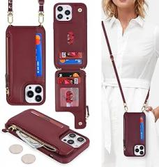 Cavor for iPhone 13 Pro Max Wallet Case with Card Holder for Women,for iPhone 12 Pro Max Case with Strap,Crossbody and Wristlet Zipper Pocket Phone Cover-Wine red