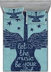 Ambesonne Music Fitted Sheet & Pillow Sham Set, Let The Music Be Your Pilot Words Winged Electronic Guitar and Stars Retro Print, Decorative Printed 3 Piece Bedding Decor Set, King, Dark Blue