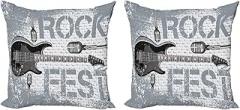 Ambesonne Rock Music Decorative Throw Pillow Case Pack of 2, Grunge Color Splashed Brick Wall Background Electronic Guitar Mics Design, Couch Bedroom Living Room Cushion Cover, 16