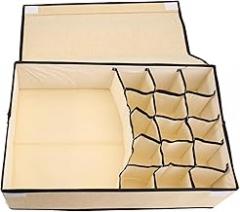 Milisten Multifunctional 16-grid Fabric Underwear and Socks Storage Box Lid, Washable Drawer Organizer for Bras and Panties, Beige Divider Organizer for Closet and Travel
