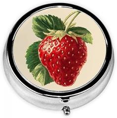 Soft Retro Strawberry Round Pill Case, Portable Pill Box for Pocket Metal Medicine Vitamin Organizer 3 Compartment Three Times A Day