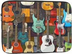 Black 12 inch Laptop Bag with Colored Acoustic and Guitar Print for Men and Women Shockproof Travel Office School