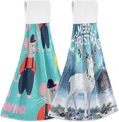 Kitchen Towels with Hanging Loop Finger Tip Towels for Bathroom Rats Blue Balloon Electronic Lights Merry Christmas Deer Winter Pattern Set of Two cortinas para cocina de otono