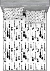 Ambesonne Music Fitted Sheet & Pillow Sham Set, Monochrome Strings Various Types Acoustic and Electronic Guitar Cello Violin, Decorative Printed 3 Piece Bedding Decor Set, Queen, White and Charcoal