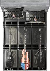 Ambesonne American Flag Fitted Sheet & Pillow Sham Set, Black and Us Bass Guitar Electronic Rock Music Theme Digital Graphic Work, Decorative Printed 3 Piece Bedding Decor Set, King, Charcoal