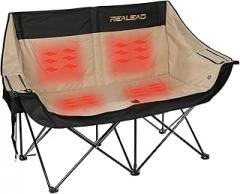 REALEAD Heated Double Camping Chair - Heated Folding Chairs for Outdoor Sports with 3 Heat Levels and 4 Heating Zones - Portable Heated Loveseat Camping Chair Supports 650 lbs Battery NOT Included