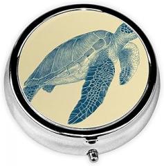 Retro Simple Sea Turtle Round Pill Case, Portable Pill Box for Pocket Metal Medicine Vitamin Organizer 3 Compartment Three Times A Day