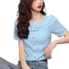 Trendy One-Shoulder Button-Down Sweater Women - Versatile Short-Sleeved Top Blue - Size (110-135 lbs)