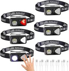 6 Pack Rechargeable Headlamp Flashlight, LED Head Lamp with White Red Light, Super Bright USB-C Headlight Motion Sensor Head Lamp for Adults 11 Mode Outdoor Camping Running Hiking Fishing