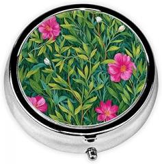 Forest Greenery with Pink Florals Round Pill Case, Portable Pill Box for Pocket Metal Medicine Vitamin Organizer 3 Compartment Three Times A Day