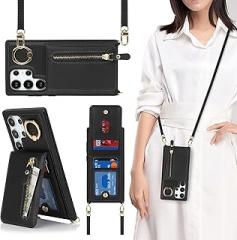 Jaorty Compatible with Samsung Galaxy S24 Ultra Case Wallet with Card Holder for Women,Ring Holder,PU Leather Magnetic Snap Zipper Case with Crossbody Strap for Galaxy S24 Ultra 6.8