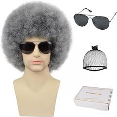 Tereshar 70s Afro Wig with Glasses for Men and Women Glueless Wear and Go Wig Fluffy Short Grey Afro Curly Heat Resistant Synthetic Wigs for Hippie Disco Rock 70s 80s Party and Daily（Grey）