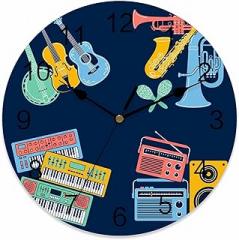 Wall Clock 10 Inch Musical Instruments Round Silent Decorative Wall Clocks Battery Operated for Living Room Bedroom Kitchen Classroom Decor Guitars Electronic Keyboard Navy Blue