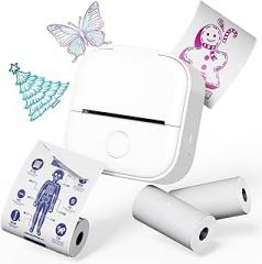Memoqueen T02 Mini Printer, Transparent Thermal Sticker Print Pods, Bluetooth Portable Printers, Fun Creation Gifts for Holiday, DIY Travel, Memos, Study Notes, Compatible with iOS & Android, White